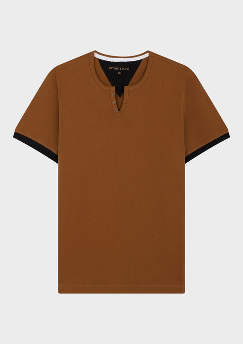 Tee-shirt manches courtes en coton col tunisien uni cognac - 1 - Father & Sons   - 15 