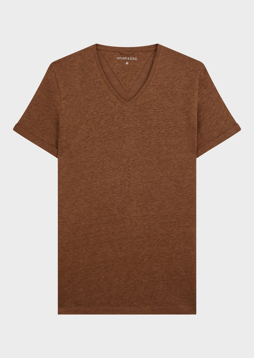 Tee-shirt manches courtes en lin col V uni cognac - 1 - Father & Sons   - 2 