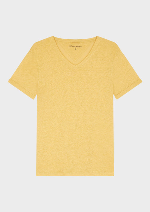 Tee-shirt manches courtes en lin col V uni jaune curry - 1 - Father & Sons   - 7 