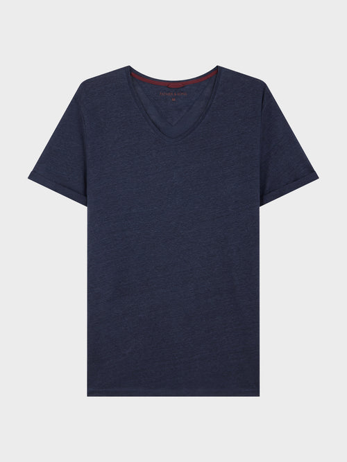 Tee-shirt manches courtes en lin col V uni bleu marine - Father & Sons   - 1 