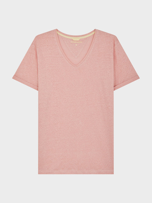 Tee-shirt manches courtes en lin col V uni rose - 1 - Father & Sons   - 4 