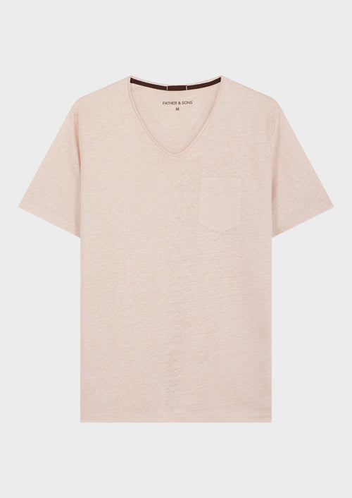 Tee-shirt manches courtes en lin col V uni rose pâle - 1 - Father & Sons   - 5 