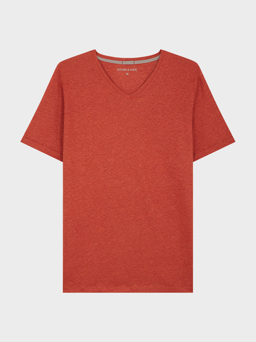 Tee-shirt manches courtes en lin col V uni terracotta - 1 - Father & Sons   - 1 