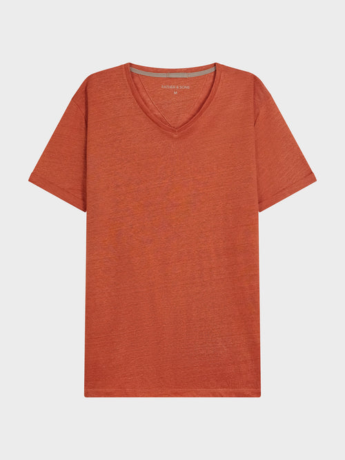 Tee-shirt col V en lin terracotta - 1 - Father & Sons   - 17 