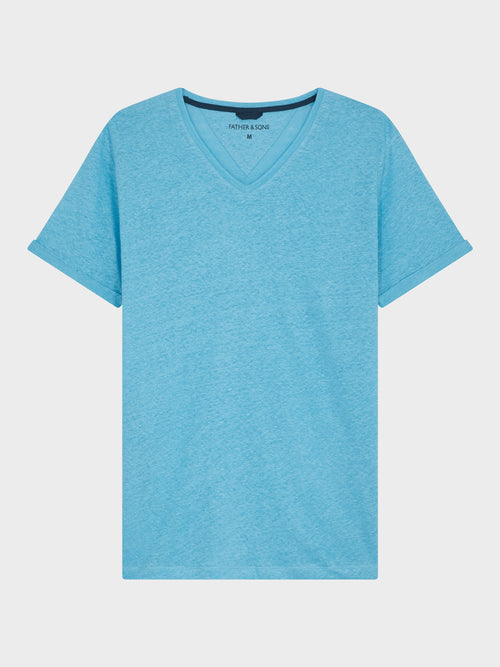 Tee-shirt manches courtes en lin col V uni bleu turquin - 1 - Father & Sons   - 13 