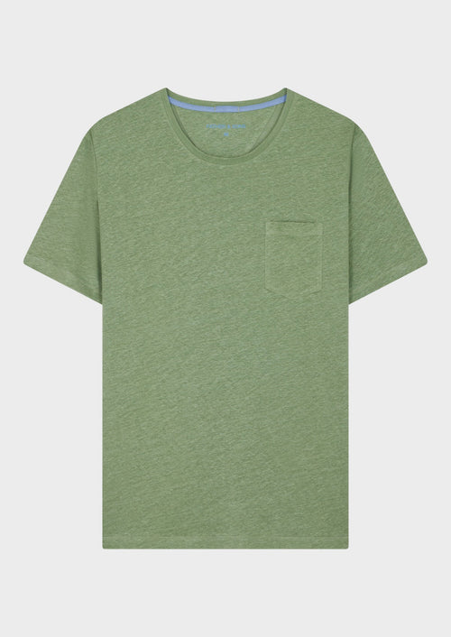 Tee-shirt manches courtes en lin col rond uni vert - 1 - Father & Sons   - 16 