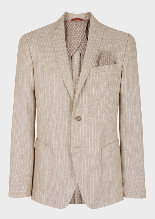 Veste coordonnable Regular en lin beige à rayures blanches - Father & Sons   - 8 