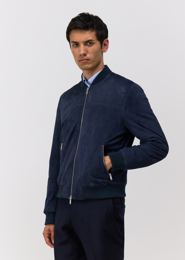 Blouson en cuir nubuck bleu marine - Father and Sons 68894