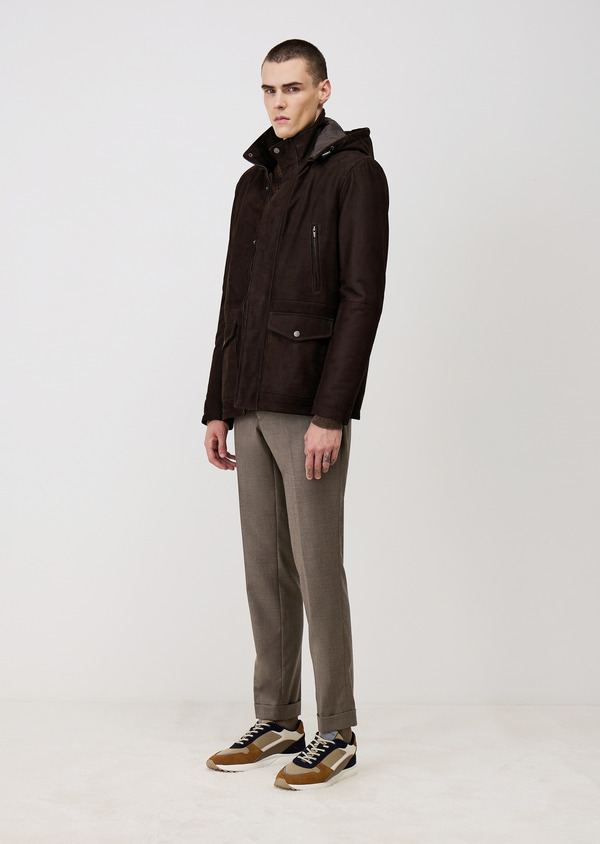 Blouson en cuir nubuck marron à capuche amovible - Father and Sons 68973