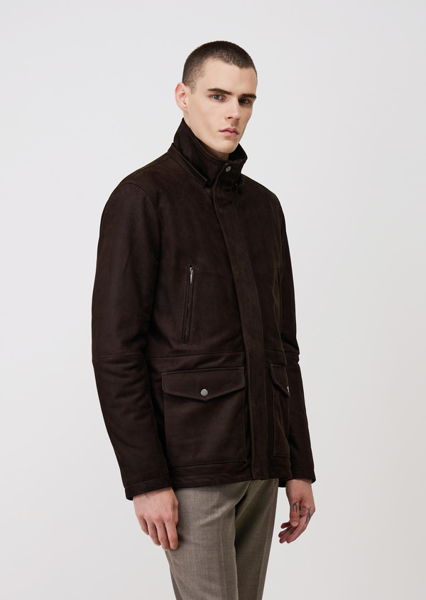 Blouson en cuir nubuck marron à capuche amovible - Father and Sons 68970