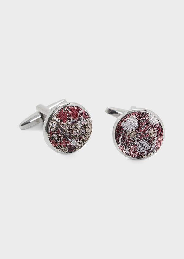 Boutons de manchettes ronds en soie mélangée rouge à motif fleuri - Father and Sons 68009