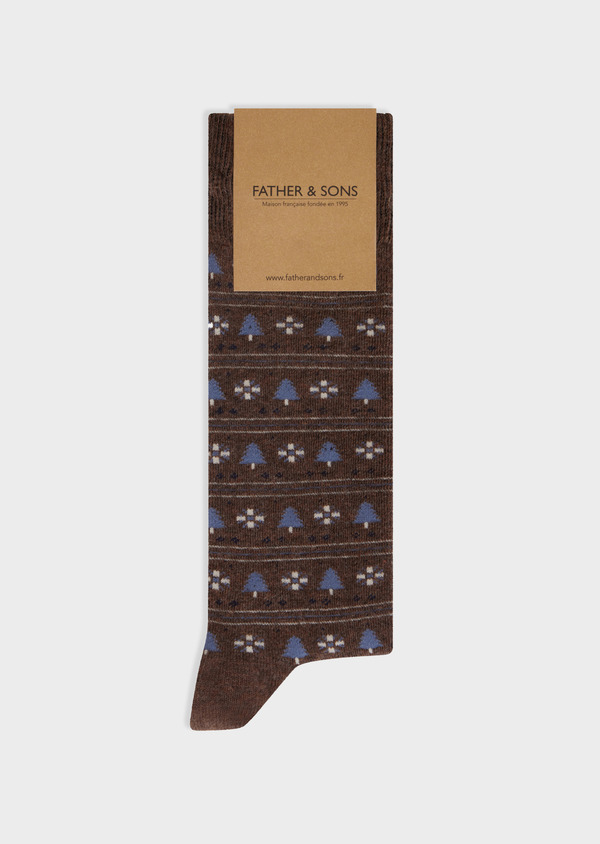 Chaussettes en coton bio mélangé marron à motif bleu et écru - Father and Sons 67818