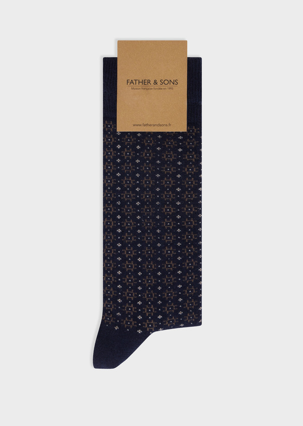 Chaussettes en coton bio mélangé bleu indigo à motif marron et écru - Father and Sons 67816