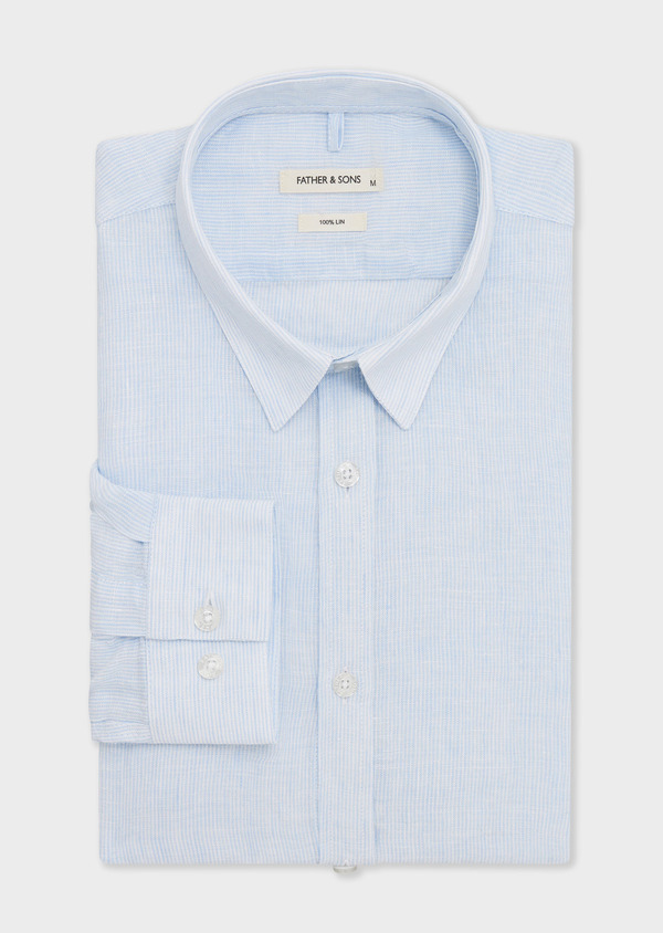 Chemise sport Slim en lin blanc à rayures bleu ciel - Father and Sons 65053