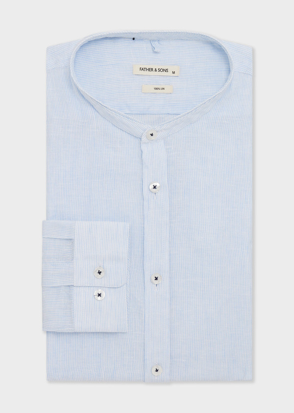 Chemise sport Slim en lin blanc à rayures bleu ciel à col officier - Father and Sons 65056