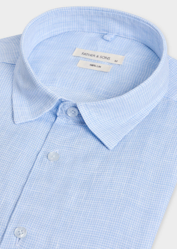 Chemise sport Slim en lin bleu ciel à carreaux blancs - Father and Sons 69655