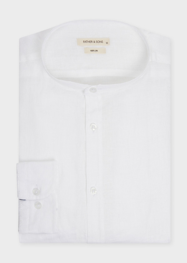 Chemise sport Slim en lin uni blanc à col officier - Father and Sons 65074