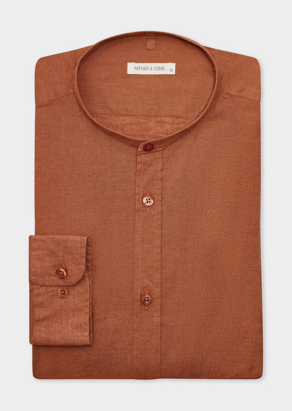 Chemise sport Slim en lin uni terracotta à col officier - Father and Sons 65242