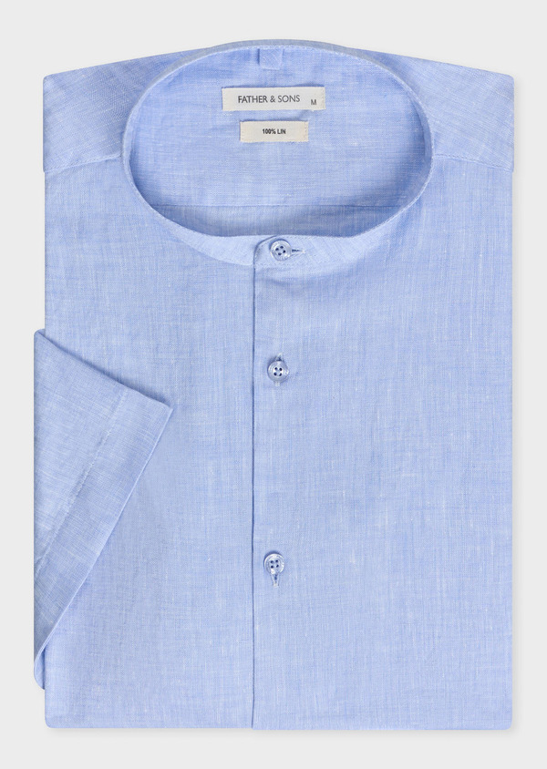 Chemise manches courtes Slim en popeline de lin uni bleu ciel à col officier - Father and Sons 69660