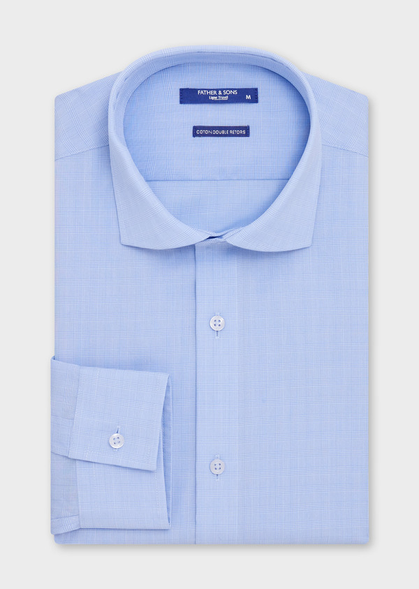 Chemise non-iron Slim en popeline de coton bleu azur Prince de Galles - Father and Sons 67732