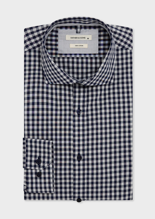 Chemise Slim en popeline de coton bleu marine à carreaux blancs - Father and Sons 67944