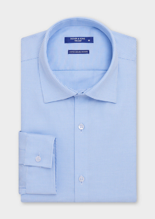 Chemise non-iron Slim en coton façonné bleu azur à motif pied-de-poule - Father and Sons 67735