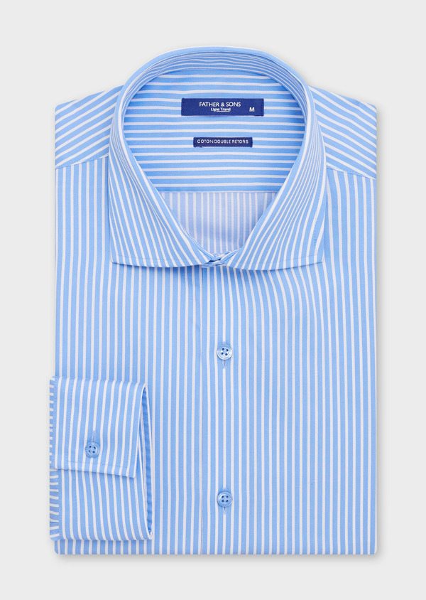 Chemise non-iron Slim en coton façonné blanc à rayures bleu azur - Father and Sons 67741