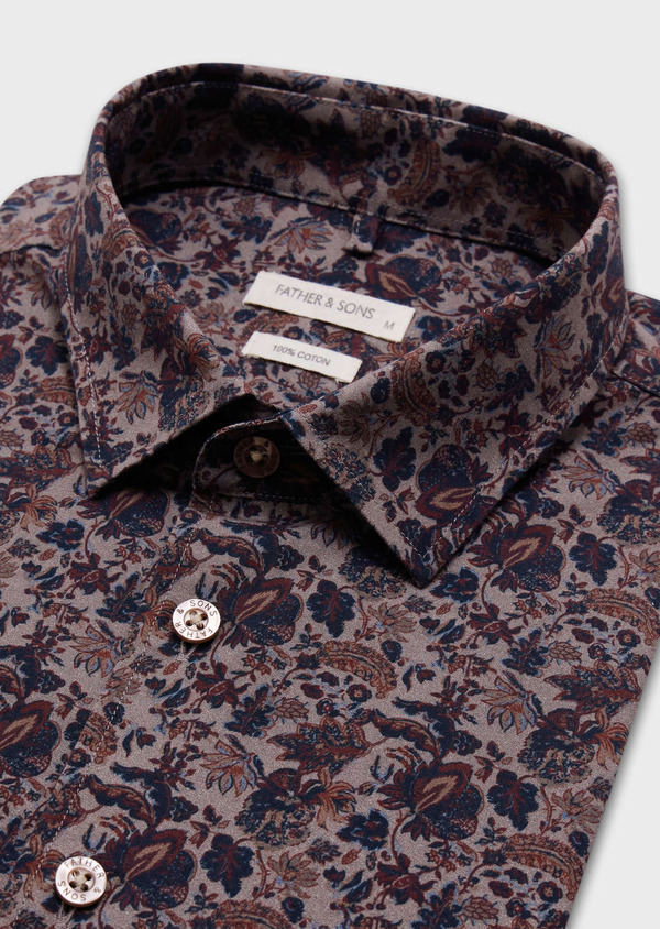 Chemise Slim en popeline de coton marron à motif fleuri - Father and Sons 67927