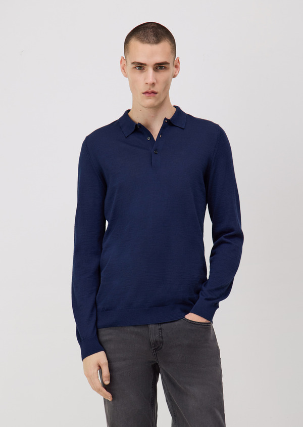 Pull col polo en laine Mérinos mélangée bleu indigo - Father and Sons 70547