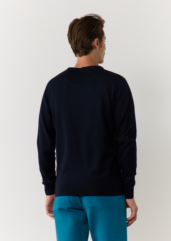 Pull col rond en laine Mérinos mélangée unie bleu marine - Father and Sons 59681