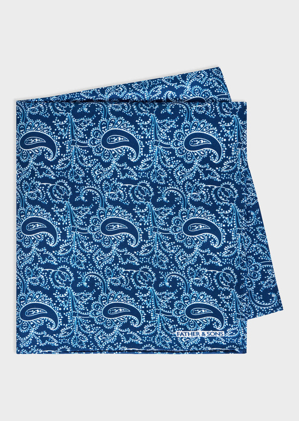 Pochette en soie bleu indigo à motif blanc - Father and Sons 67948