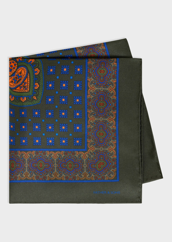 Pochette en soie kaki à motif bleu et orange - Father and Sons 67949