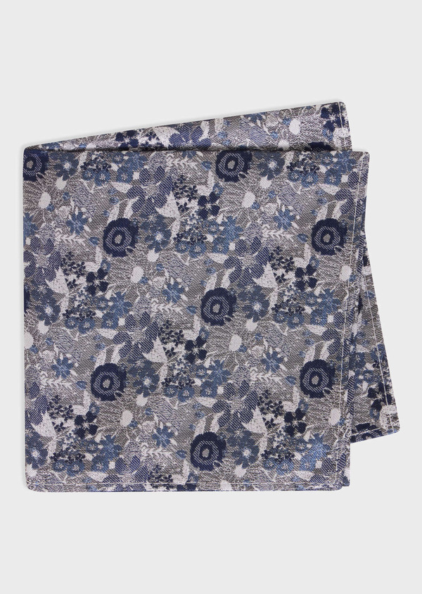 Pochette en soie mélangée grise à motif fleuri bleu - Father and Sons 67954