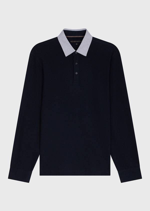 Polo manches longues Slim en coton bleu marine - Father and Sons 70444