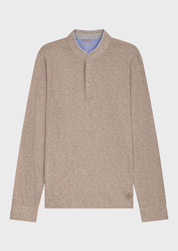 Polo manches longues Slim en coton mélangé beige à col officier - Father and Sons 69335