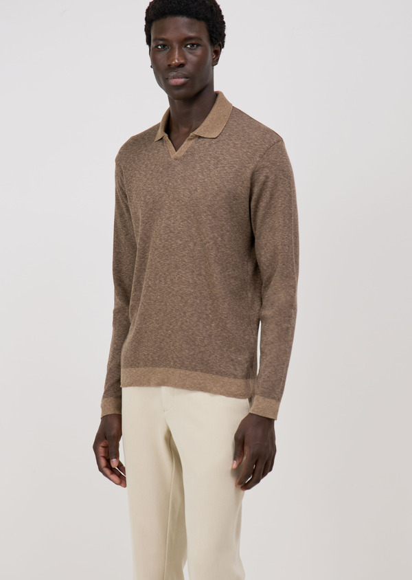 Polo manches longues Slim en coton marron - Father and Sons 71575