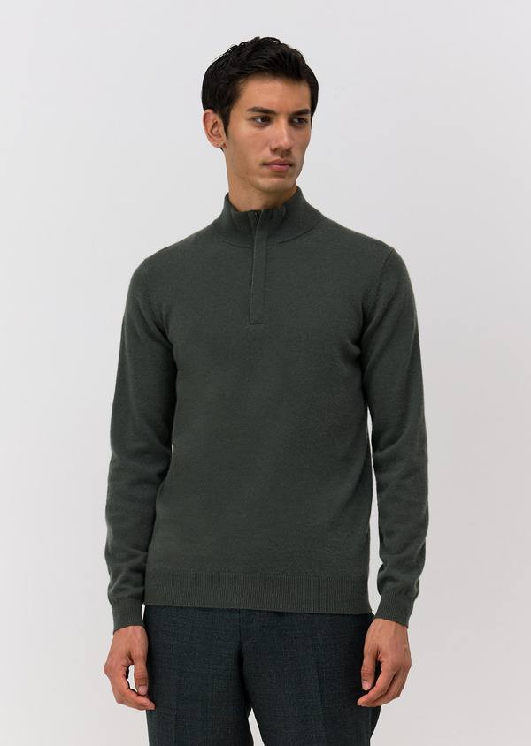 Pull col zippé en cachemire olive - Father and Sons 69547