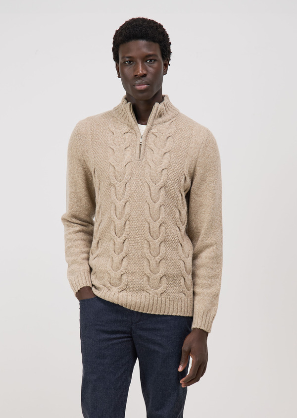 Pull col zippé en laine mélangée beige - Father and Sons 71583