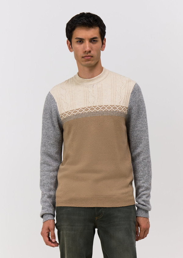 Pull col rond en laine mélangée camel et gris - Father and Sons 68677