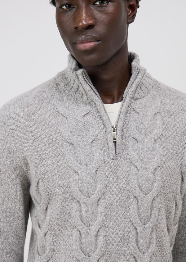 Pull col zippé en laine mélangée gris clair - Father and Sons 71674