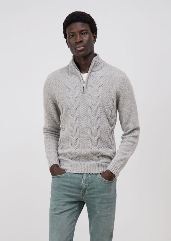 Pull col zippé en laine mélangée gris clair - Father and Sons 71672