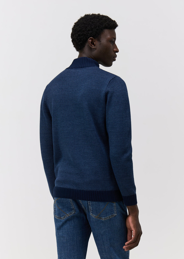 Pull col zippé en laine Mérinos mélangée bleu indigo - Father and Sons 69357