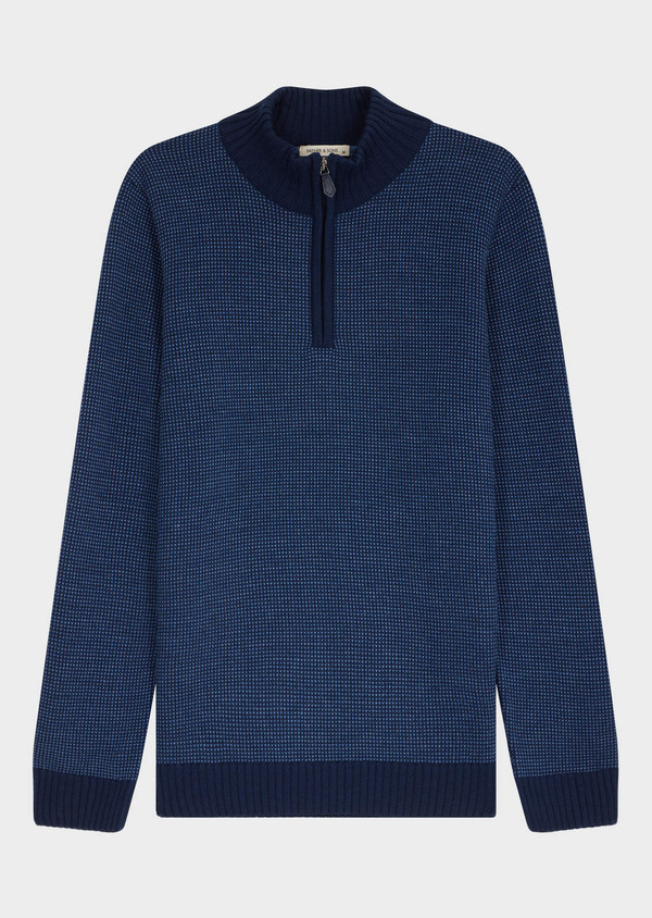 Pull col zippé en laine Mérinos mélangée bleu indigo - Father and Sons 69359