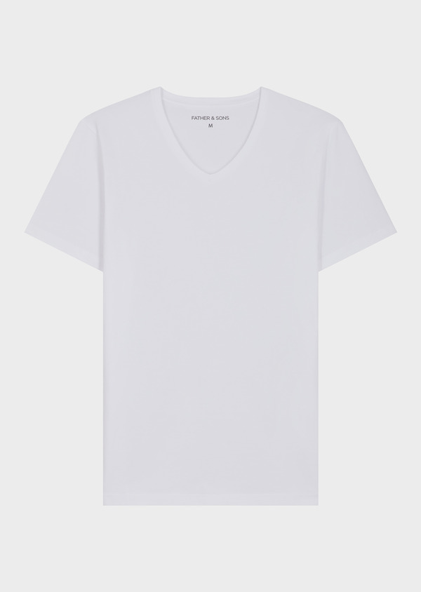 Tee-shirt manches courtes en coton stretch col V uni blanc - Father and Sons 70613