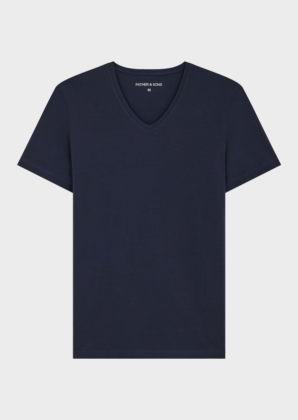 Tee-shirt manches courtes en coton stretch col V uni bleu marine - Father and Sons 70614