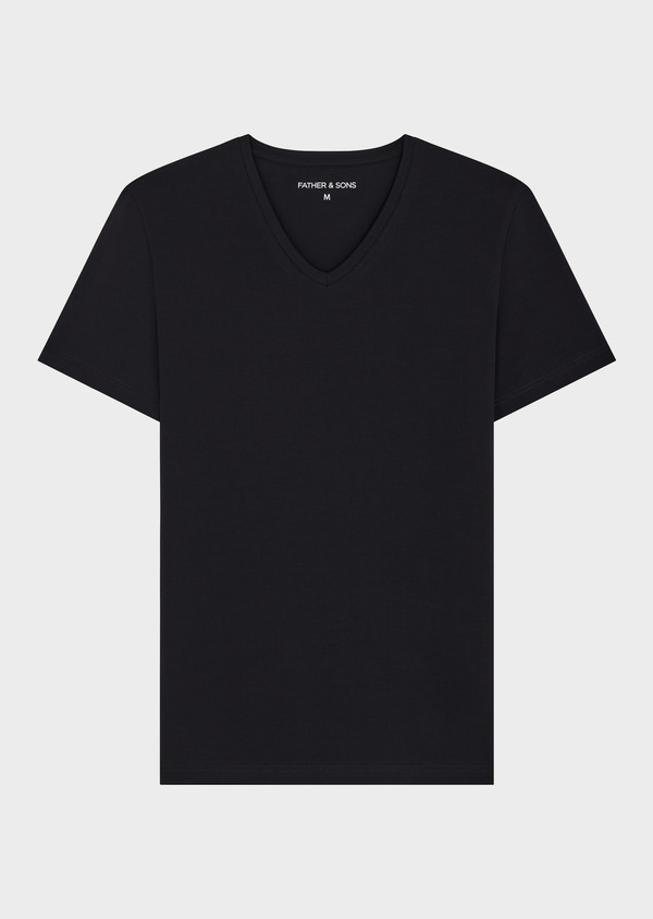 Tee-shirt manches courtes en coton stretch col V uni noir - Father and Sons 70615