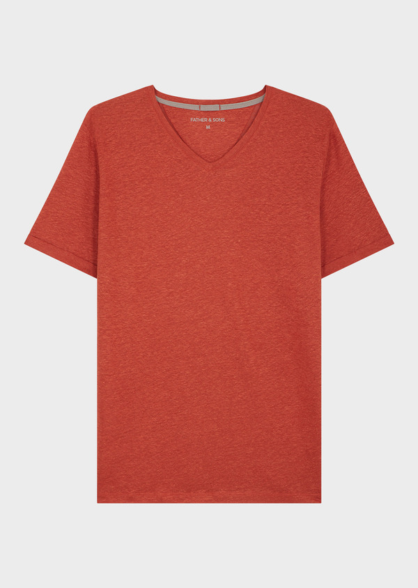 Tee-shirt manches courtes en lin col V uni terracotta - Father and Sons 69671