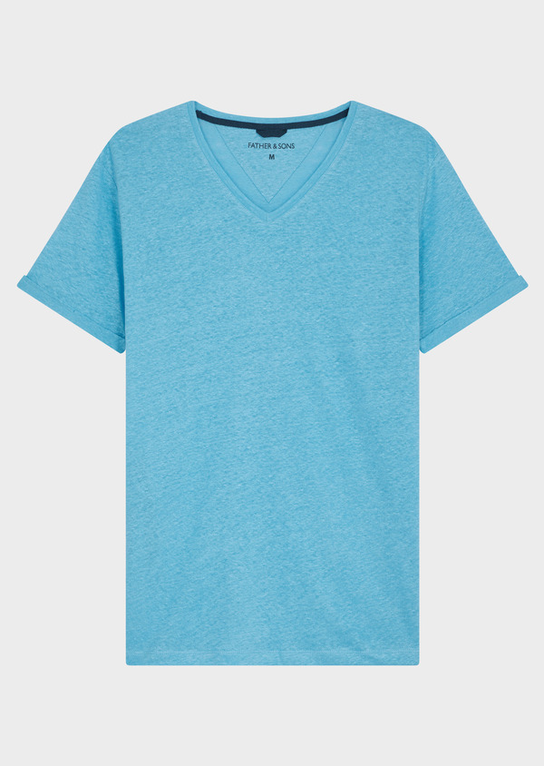 Tee-shirt manches courtes en lin col V uni bleu turquin - Father and Sons 70630