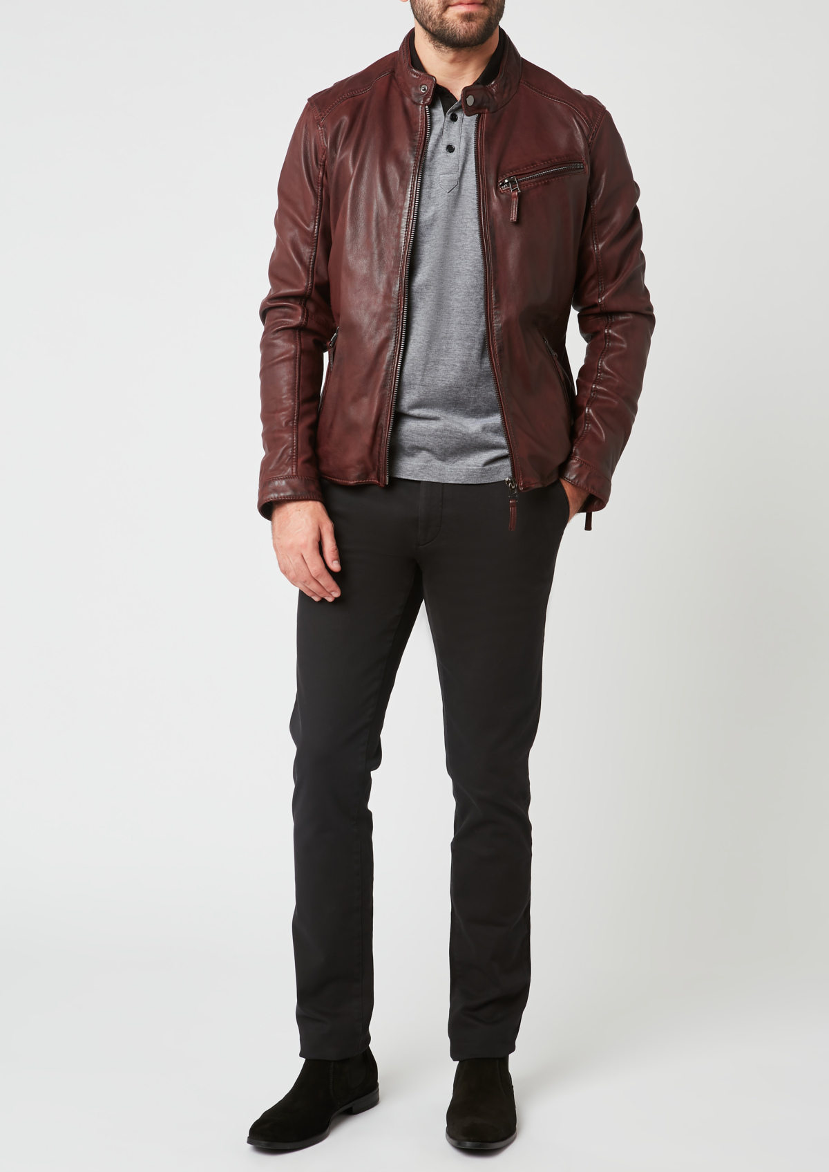 Blouson Biker en cuir uni bordeaux | Father and Sons